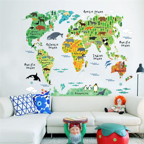 world map animals wall sticker