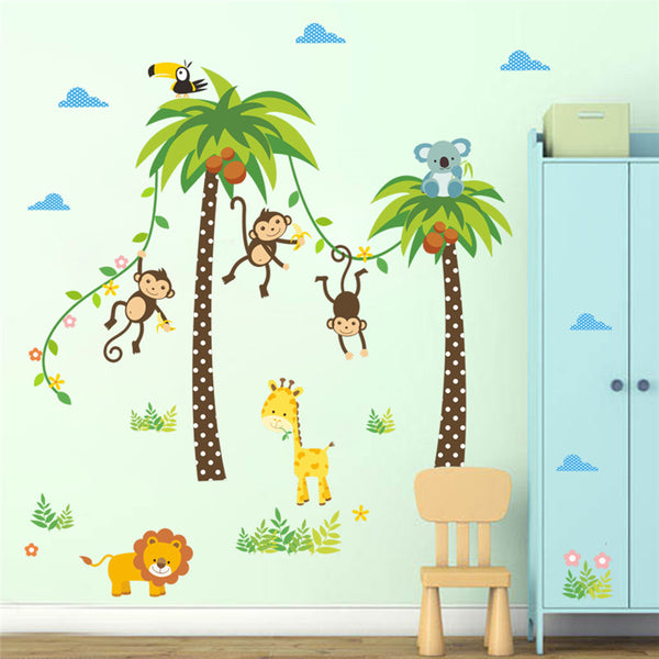 Forest Animals Giraffe Lion Monkey Palm Tree wall stickers