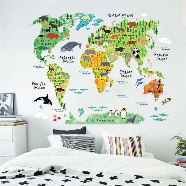 world map animals wall sticker